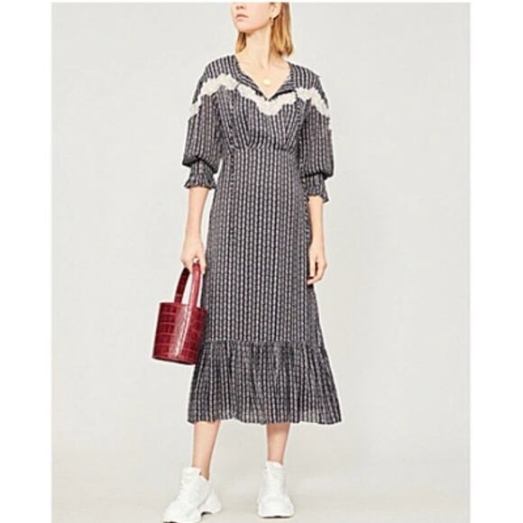 Sandro Marceau Floral Lace Midi Flounce hem dress sz 36 ditsy - Picture 2 of 10